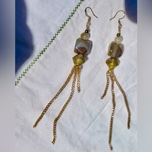 Handmade Vintage African Brass Bead, Agate Stone and Gold Chain Dangle Earrings